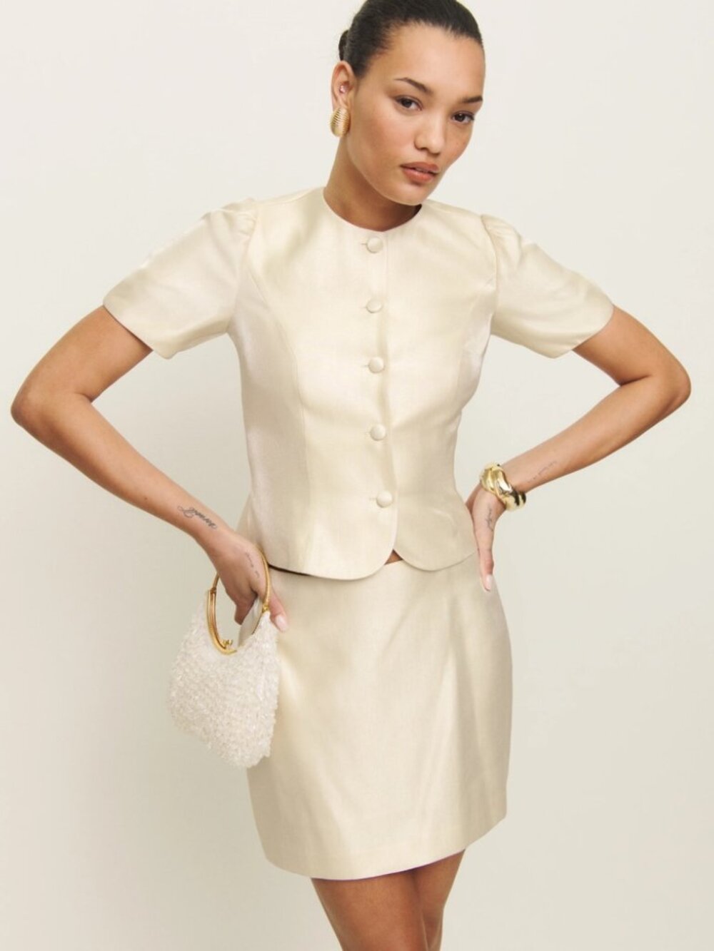 NWOT Reformation Mika Two Piece in Cream Short Sleeve Top Mini Skirt Size 0 - Picture 4 of 10